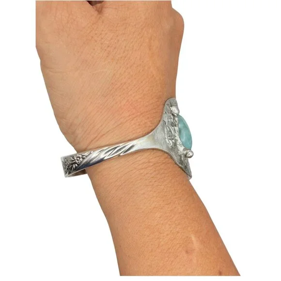 Vintage Silverware Cuff Bracelet with Larimar Stone | Wildwood Pattern 1958 - Picture 9 of 15
